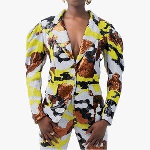 Sequin Blazer with Bright Camo Design
